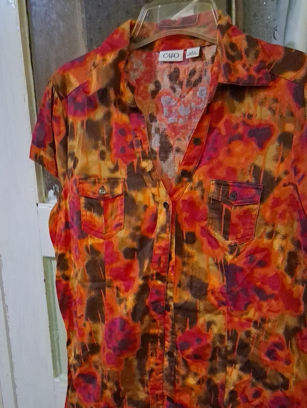 Cato Vibrant Orange, Pink & Brown Floral Button-Up Blouse